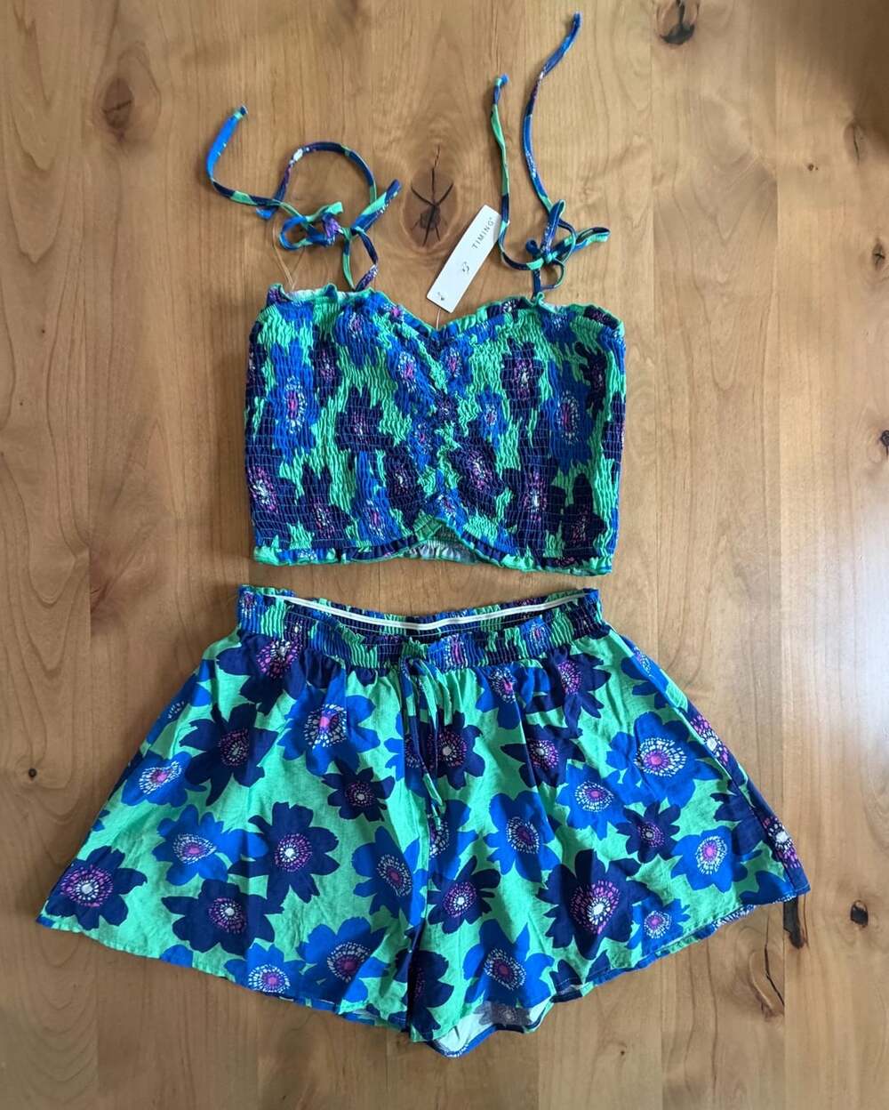 Timing Los Angeles Blue Green Floral Smocked Crop Top And Shorts Set